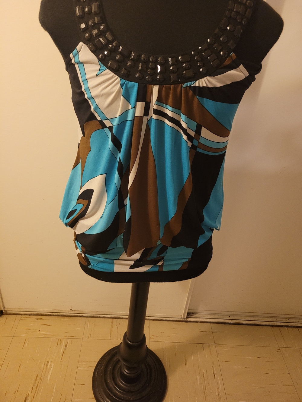 Beaded-Trim Blue & Brown Patterned Women's Camisole